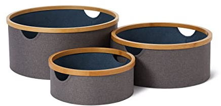 Lumaland Bambus-Rahmen Aufbewahrungsbox 3er Set rund | Boxen in den Maßen ø 45 x 20 cm, ø 38 x 16 cm und ø 30 x 12 cm [Grau/Blau]