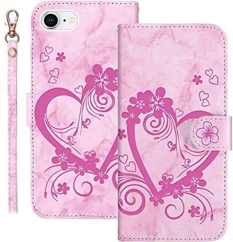 Bartern Handyhülle für Apple iPhone 6 Plus Klappbar,Herz(Liebe)+ Blumen iPhone 6s Plus Hülle,PU Leder Wallet Schutzhülle Tasche Klapphülle mit Kartenfach Magnetverschluss Standfunktion,Rosa
