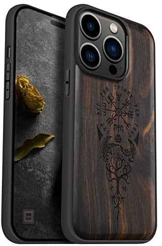 Carveit Magnetic Wood Case for iPhone 14 Pro - Hard Real Wood & Soft TPU Hybrid Shockproof Protective Cover - Unique & Classy Wooden Case Compatible with MagSafe (Viking Compass Vegvisir-Blackwood)