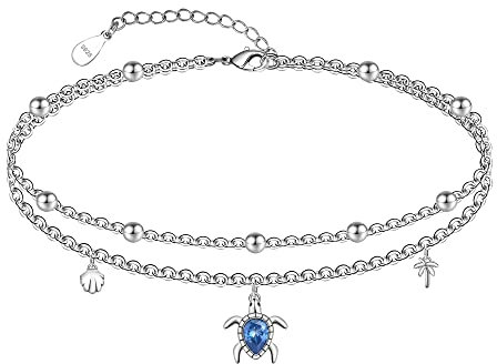 CHIC & ARTSY Bracelet de cheville pour femme en argent sterling S925 - Motif animal mignon - Réglable - Multicouche - Pour la plage - 25,4 à 27,9 cm, One Size, Argent sterling, Oxyde de zirconium