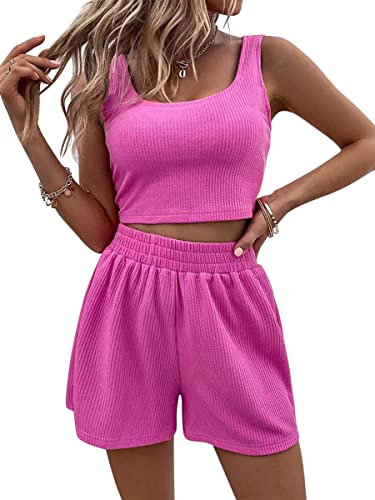 ORANDESIGNE Ensemble Femme Ete Chic Elegant Débardeur Crop Top + Short De Jogging Costume 2 Pièces Décontracté Vetement Survetement Tenue de Sport Ensemble Fitness Gym Outfit A Rose M