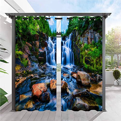 ANHOPE Natur Landschaft Wasserfall Fluss Outdoor Vorhänge mit Ösen Oben Wasserdicht Wetterfest Außen Vorhang für Balkon Terrasse Garten Pergola Pavillon Aussen Gardinen 2er Set B132 x H214 cm