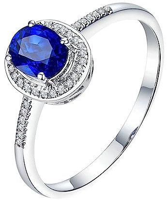 Ring Blau Stein, Verlobungsring Frau Ovale Form 18 Karat (750) Weißgold 0.61Ct Saphir Ovale Form Diamant Größe 62 (19.7)