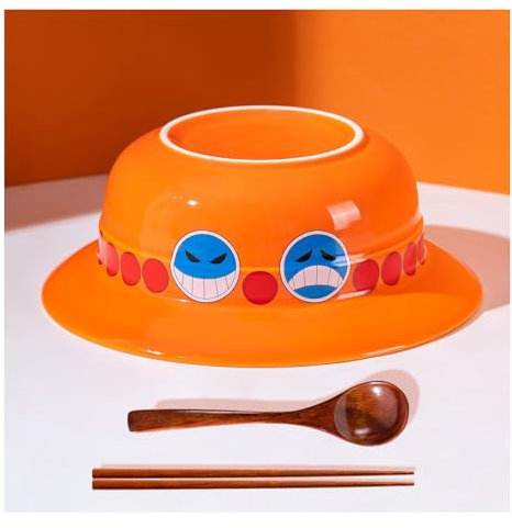 Straw Hat Ramen Bowl (Ceramic Bowl + Wooden Spoon + Chopsticks) for Anime Fans