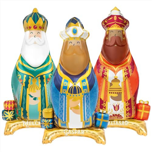 OH YEAH - 3 Globos Navideños de Foil de Pie Reyes Magos Metalizados de 110 cm - Globos Fiesta - Decoración Navidad - Fiestas de reyes magos - Globo Foil Reyes Magos