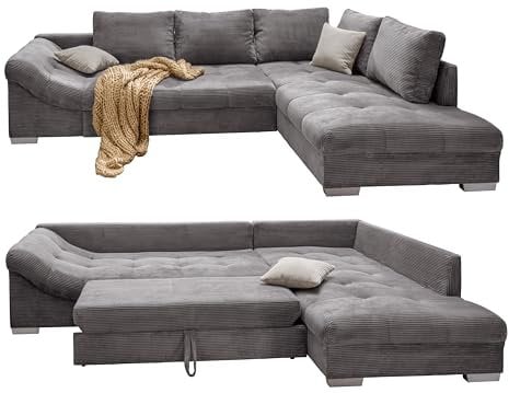 Wunderschönes Cord Ecksofa mit Schlaffunktion, Wellenunterfederung, gemütliches L-Sofa 298 x 202 cm, Longchair Ottomane rechts, Couch mit Cordstoff in Grau, 2 Zierkissen in Beige / 17201