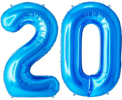 FUNFEST 100 cm blaue Luftballons zum 20. Geburtstag – Geburtstagsballon-Dekoration – inklusive XL-Ballon zum 20. Geburtstag und Strohhalm – Heliumfliegen