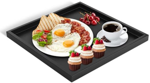 Cocoarm Vassoio rettangolare in legno, grande 11,8 x 11,8 x 0,8 pollici, legno massiccio, nero, moderno, bordi rialzati, laccato, vassoio per la colazione, legno di paulownia,