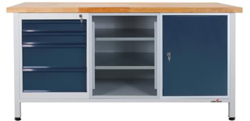 Steinbock Werkbank 4 Schubladen + Regal + Tür | 170x84x60 cm | 500 kg | Grau | 500 kg Tragkraft | 4 cm geölte Massivholz-Arbeitsplatte aus Buche | stabiles Stahlgestell | Werktisch | Made in EU
