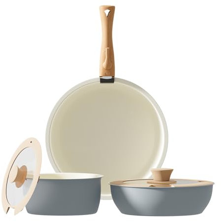 ShanSon 6 Pieces Kitchen Non-Stick Cookware Sets with Removable Handle, Stackable Pots and Pans Set Nonstick for Induction Gas RVs Camping Space Saving，Gray