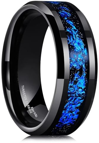 King Will Ehering aus Wolframkarbid für Männer – 8 mm schwarzer, hochglanzpolierter Ehering mit blau-grünem Sand-Inlay für den Alltag, bequemer Sitz für Herren, Größe 54–70 (17–22)