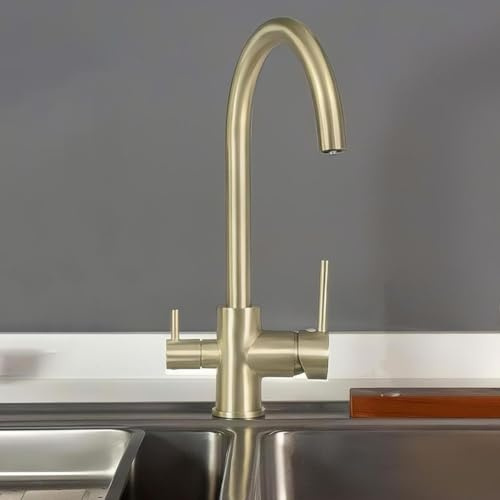 ZYCDP Grifo Fregadero Osmosis 3 Vias, Grifo Osmosis Fregadero Giratorio a 360° Grifo de Cocina Acero Inoxidable agua Caliente y Fria Oro Cepillado