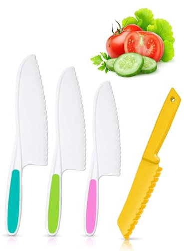 GADITIEK 4 Pièces Couteau Enfant qui ne Coupe Pas, Montessori Ustensiles Kit Cuisine Enfants pour Couper, Couteau en Plastique avec Planche à Découper Couteaux Sans Danger (4 pièces)