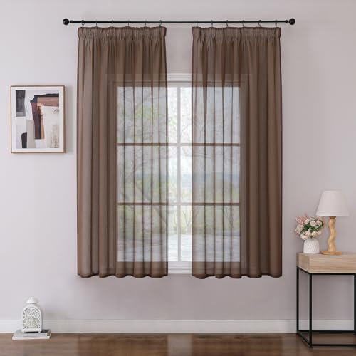 Joydeco 2er Set H160 x B140 cm Braun Voile Kurz Gardinen Vorhänge mit Kräuselband Transparent Polyester Vorhang Modern Wohnzimmer Schlafzimmer