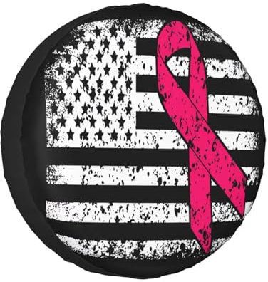 Reserveradabdeckung mit amerikanischer Flagge und rosa Schleife, Monat der Aufklärung über Brustkrebs, 14 Zoll, wasserdicht, Sonnenschutz, staubdichte Radkappen, passend für Wohnmobil, Anhänger, LKW,