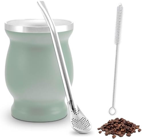 Juego de Taza de Calabaza de Acero Inoxidable,Taza Mate de Acero Inoxidable con Doble Pared Aislante, 260ml Juego de Té Mate, con Cuchara para Pajita y Cepillo de Limpieza(Verde)