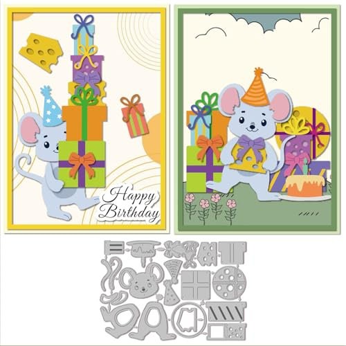 GLOBLELAND Geburtstagsmaus Papierpräge Stanzschablonen Set Maus Käse Handwerk Stanzmaschine Schablonen Geburtstagsgeschenke Metall Stanzschablone Set für Kartenherstellung DIY Papier Handgefertigtes