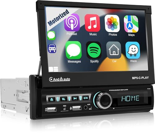 [Motorizado] Radio de Coche 1 DIN con Carplay y Android Auto - Radio Coche Pantalla Extraible con Pantalla Táctil IPS de 7’’ con EQ, Bluetooth, Radio FM, Entrada AUX/SD/USB + Cámara de Marcha Atrás