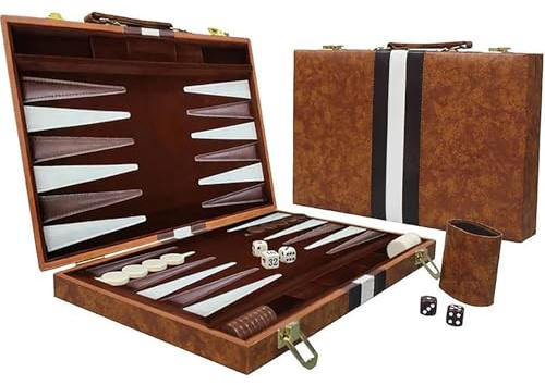 15inch Backgammon Set Classic Folding Board with Leather Case, Portable Travel Game, Ideal Gift Package for Strategy Lovers