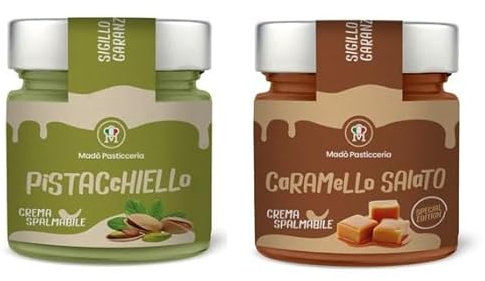 Mado Pasticceria Set Creme Spalmabili, Crema al Pistacchio e Caramello Salato, 200g x 2
