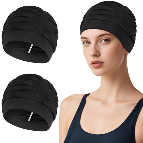 Kiiwah 2 Pezzi Cuffia da Nuoto per Adulti con Capelli Lunghi, Cuffia Piscina in Tessuto di Nylon Cappello Piscina Elastica e Comoda per Donna Uomo Bagno Nuoto e Sport(Nero)