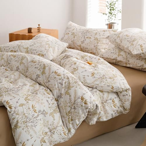 Michorinee Bettwäsche 155x220 Baumwolle Beige Gelb Blumen Blätter Pflanzenmuster Bettbezug Set 2 Teilig Floral Blümchen Blumenmuster Weich Bettwäsche-Sets mit 1 Kissenbezüge 80x80cm und Reißverschluss