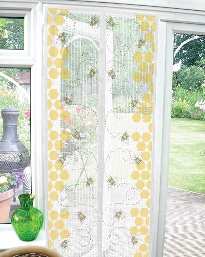 B4E Magnetic Insect Screen Door Curtain – 90x210CM Busy Bee Design – Mesh Fly Screen with Closure for Doors – Hands-Free Bug Mosquito Net for Patio, Balcony, Kitchen, Conservatory
