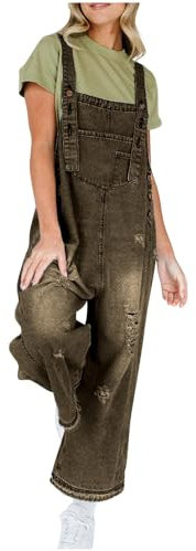Salopette da donna in jeans lunghi, alla moda, larga, con spalline regolabili, in denim, per il tempo libero, per il lavoro, caffè, S