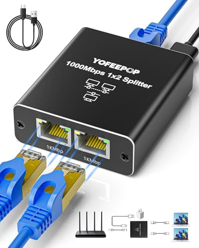 Gigabit Ethernet Splitter 1 to 2, RJ45 LAN Splitter for Cat8/7/6/5e/5 | 1 Input 2 Output • 1000Mbps Internet Splitter • USB-C Powered • Home Office & Gaming • Stable Router Connection