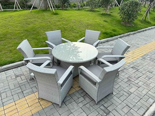 FMSGarden Rattan Garden Furniture Set with 1 Big Round Coffee Table & 6 Seater Chairs Light Grey Mixed