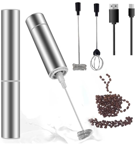 Mousseur à lait en acier inoxydable - Mini batteur électrique rechargeable par USB - Avec 2 vitesses - 3 têtes de fouet - Batteur à lait portable - Pour cappuccino, latte, macchiato et chocolat chaud