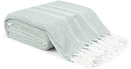 EHC Pre-Washed Throw Blanket, Handwoven Cotton Throws for Sofas Bed Cover Settee Couch Reversible, Single 127 x 152 cm, Green