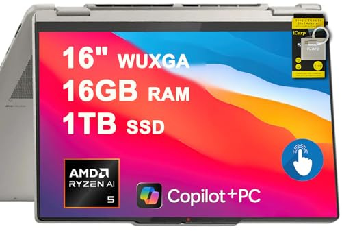 Lenovo Yoga 7 2-in-1 Laptop 16 WUXGA IPS Touch (Glossy Anti-fingerprint) AMD 6-core Ryzen AI 5 340 (Up to 50 TOPS) 16GB RAM 1TB SSD w/Pen For Creator Business Professional Win11 ICP Hub w/Copilot+ AI
