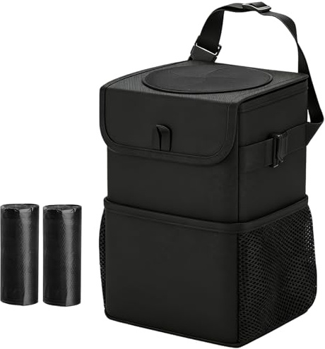Waterproof Car Bin with Lid, 6L Foldable Leak-Proof Trash Can for Vehicle | Large Capacity Hanging Auto Garbage Bag with Storage Pockets, Adjustable Straps for Front or Back Seat of SUVs