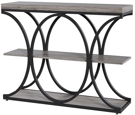 GarveeLife Console d'Entrée à 3 Niveaux, Table d'Appoint avec Plateau Imitation Bois Gris et Cadre Métallique Noir, Structure Circulaire pour Salon et Hall, 100 x 30 x 80 cm
