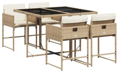 Qnhdfrt Juego de muebles de jardín de ratán sintético de 5 piezas con mesa de cristal y 4 sillas, juego de muebles de jardín que ahorra espacio para patio y jardín, color beige/crema blanco