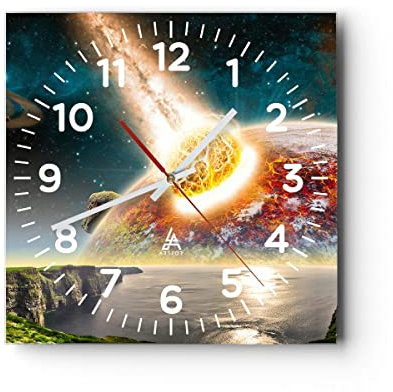 Modern Wanduhr Raum Erde Planet Komet 40x40cm Quadrat Groß Wand Uhr Glas Analog Zimmeruhren Küche Büro Wohnzimmer Glasuhr Wall Clock Dekoration Design Wanddekoration Küchenuhr C4AC40x40-2318