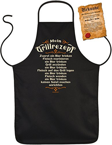 Grillschürze für Männer - Mein Grillrezept - Zuerst ein Bier - Kochschürze Grill-Schürze schwarz lustiges Geschenk-Set mit Grillmeister-Urkunde