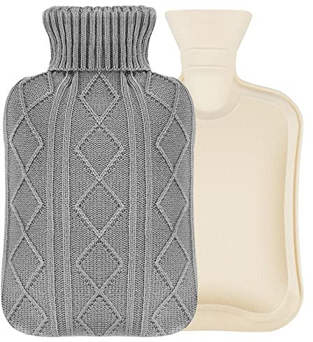 phixilin Wärmflasche mit Bezug, 2L wärmeflasche Sicher und auslaufsicher, Premium Naturkautschuk, Wärmflasche Kinder, Bettflasche für Alle, Wärmehaltung zur Behandlung von Schmerzen - Grau