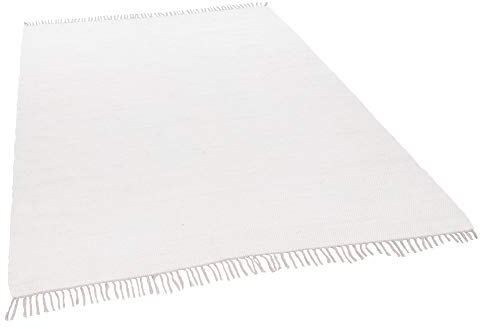 THEKO | Dhurry Teppich aus 100% Baumwolle Flachgewebe Teppich Happy Cotton | handgewebt | Farbe: Weiß | 40x60 cm