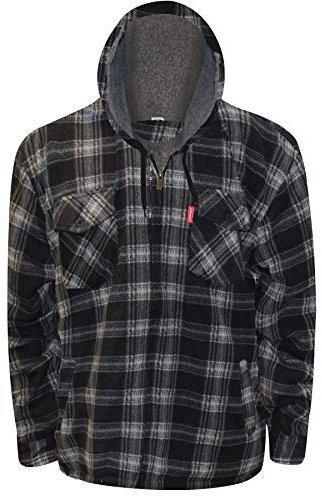 Whispering Jones London Mens Lumberjack Sherpa Fur Fleece Lined Hoodie Jacket Hooded Work Padded Shirt, Black/Charcoal, M