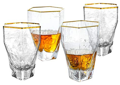 G Hammered Hexagon Short Trumpet Gold Rim Highball Glass set of 4, 13.4 oz