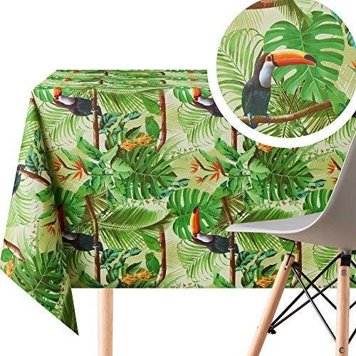KP HOME Abwischbare PVC Tischdecke, Rechteckig 300 x 140 cm, Wasserabweisendes Wachstuch, Esstischdecke, Pflegeleicht für Innen- und Außenbereich, Grüner Dschungel-Stil mit Vögeln und Palmenblättern