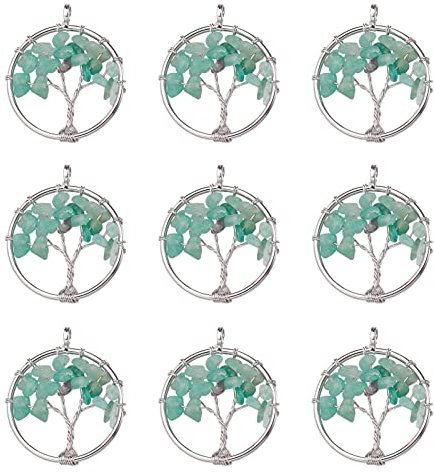 PandaHall 10 ciondoli con pietra preziosa Chakra dell'albero della vita, 29x5~7mm con pietra preziosa verde naturale avventurina avvolta con filo metallico e risultati in ottone per collane gioielli