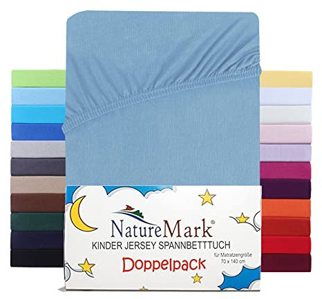 NatureMark 2er Set Kinder Spannbettlaken Jersey, Spannbetttuch 100% Baumwolle, für Babybett und Kinderbett | 70x140 cm - Hell blau