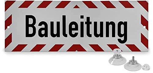 Betriebsausstattung24® Pkw Hinweisschild Bauleitung | Größe: 30,0 x 10,5 cm | Hart- PVC Schild | Mit Saugnäpfen zum Anheften | Kfz Kennzeichnung | Baustellen Schild | Auto Kennzeichnung