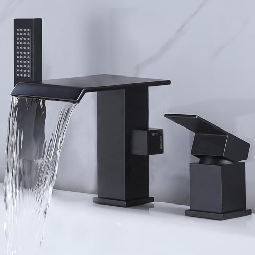 NIITAWH Robinet de baignoire romaine cascade avec douchette à main Noir mat Robinet de baignoire haut débit 3 trous Large Baignoire Montage sur pont Laiton massif