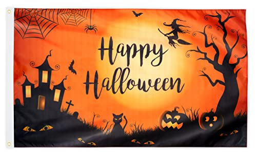 Happy Halloween-Flagge, 90 x 152 cm, hochwertiges Polyester mit Herbst-Kürbis, gruselige Hexenaugen, schwarze Katzenschloss, Süßes oder Saures, großes Halloween-Partyzubehör, Geschenk, Wand, Innen-