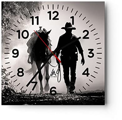ARTTOR Moderne Wanduhr 40x40cm Quadrat Glasuhr Schwarz-Weiß Menschen - 4620 | Cowboy Pferd Verdächtig Glas Analog Wanduhr Lautlos Wanddekoration Wohnzimmer Küche Wanddeko Küchenuhr Geräuschlos ARTTOR