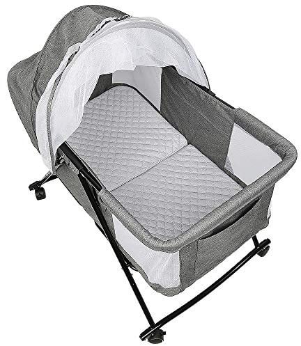 HUOLE Cuna Colecho Viaje, Cuna Plegable para Bebé, Cuna Cama Portátil para Bebé, Base Retráctil, Colchón Suave, Cuna Junto a la Cama-106 * 92 * 55cm-Gris